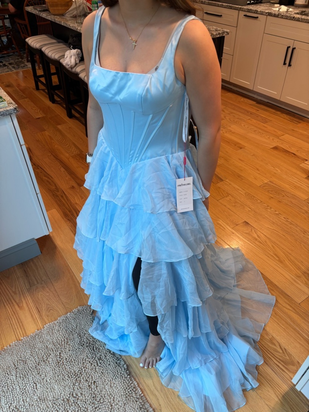 PromGirl Light Blue Tiered Ruffle Prom Dress with Square Neck - Picture 3 of 5
